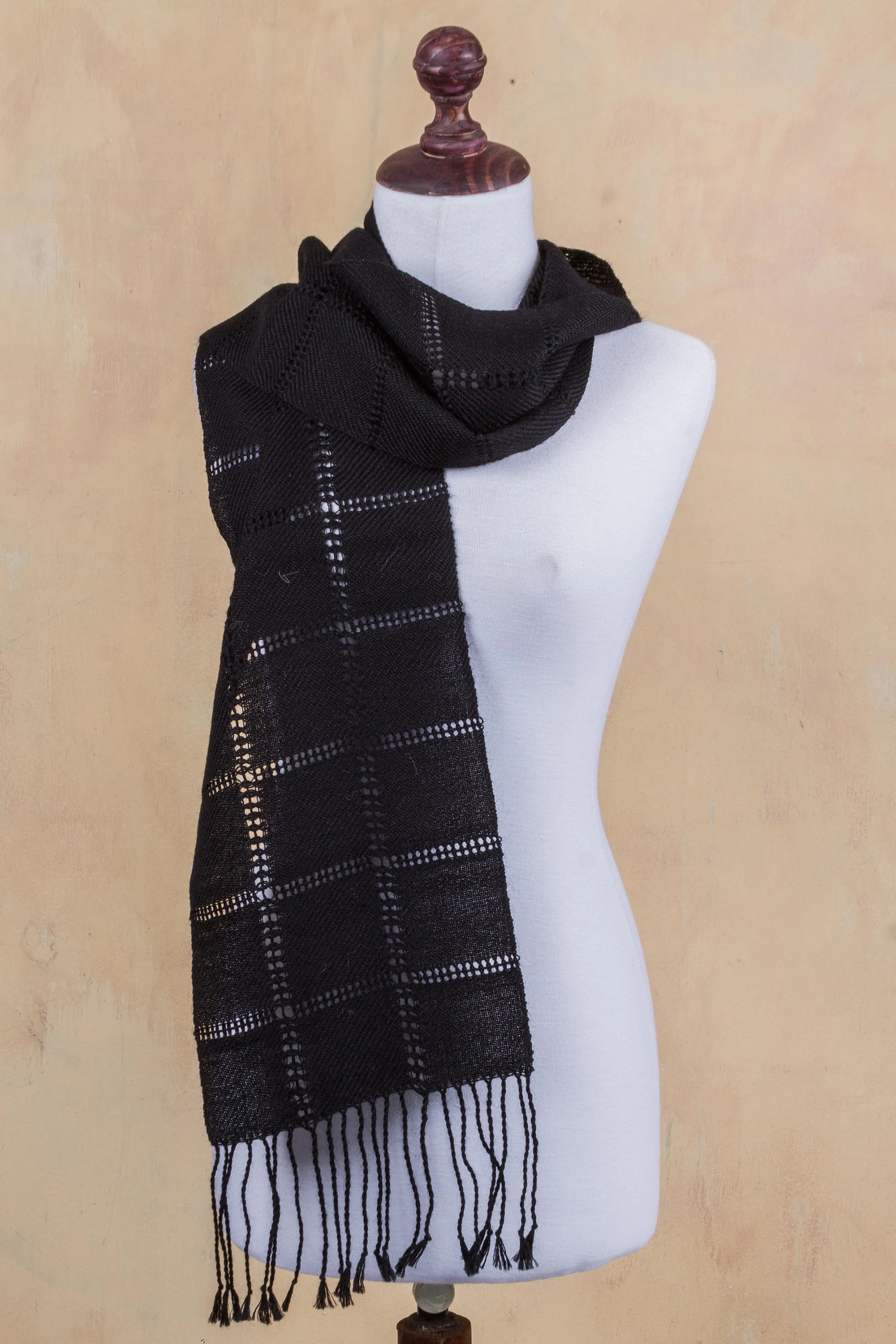 Juliaca Alpaca Scarf - Handwoven Black Wool - Women's Midnight