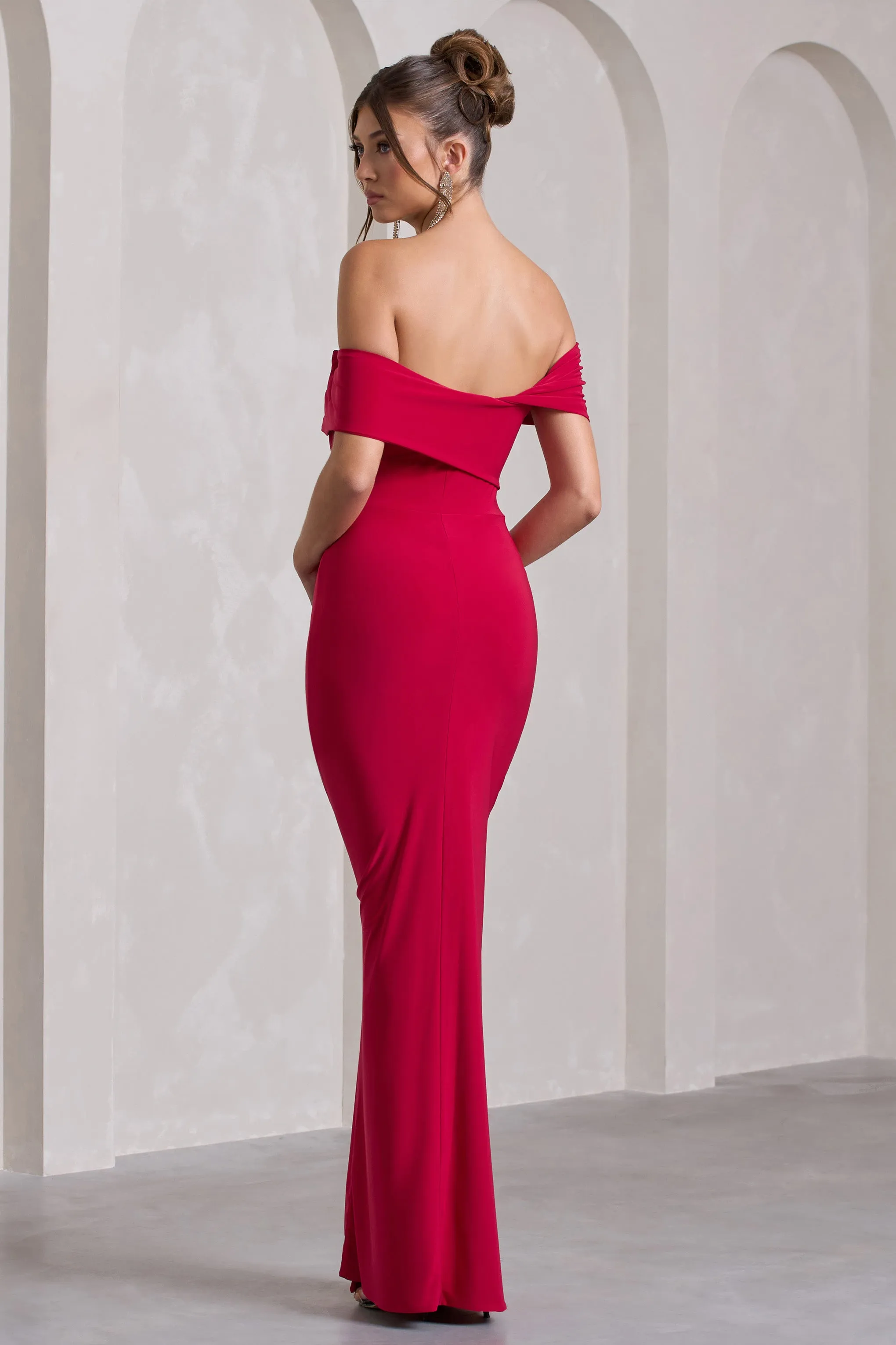 Red Asymmetric Twisted Bardot Split Maxi Dress Kara