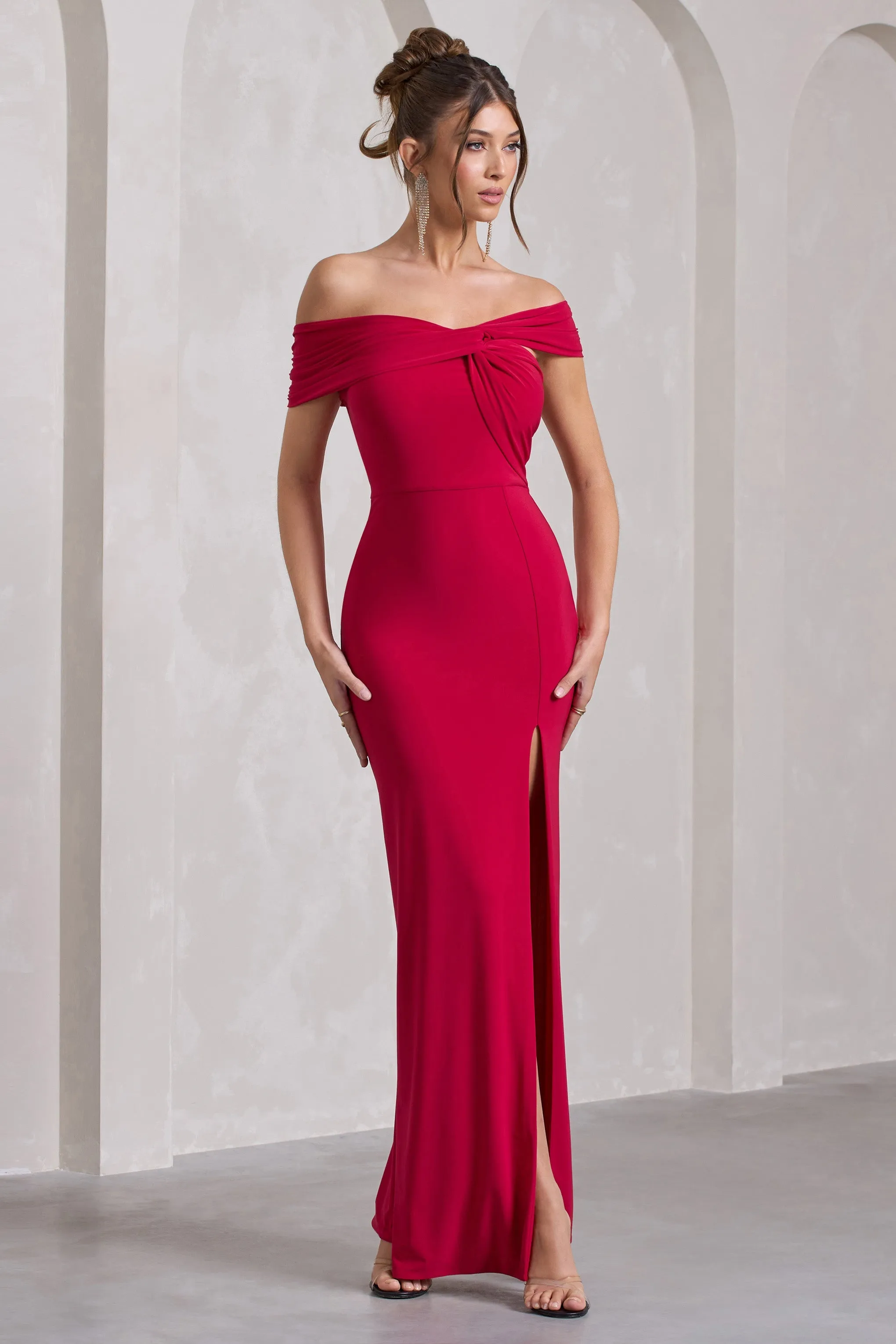 Red Asymmetric Twisted Bardot Split Maxi Dress Kara