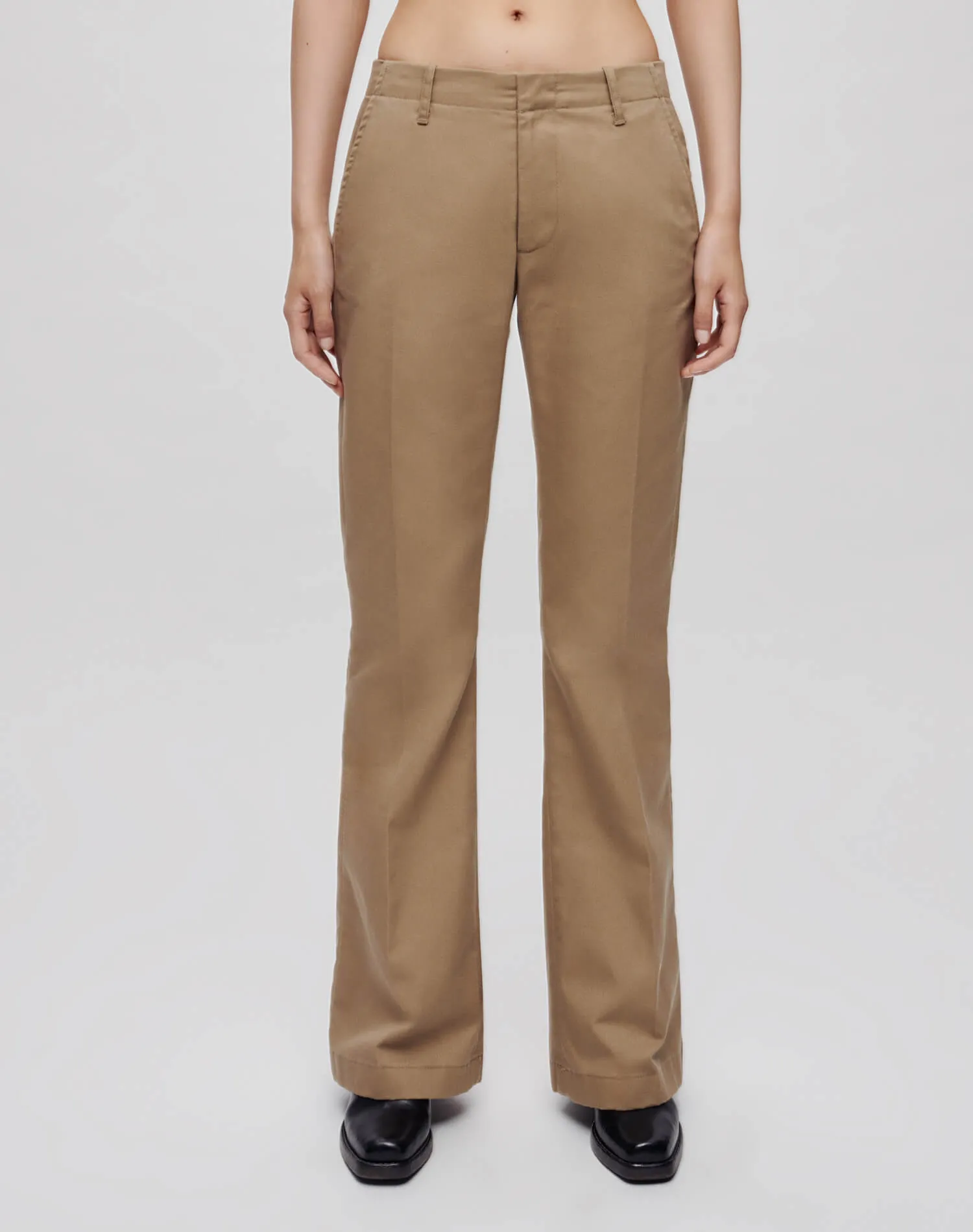 Khaki Flared Trousers with Mid Rise