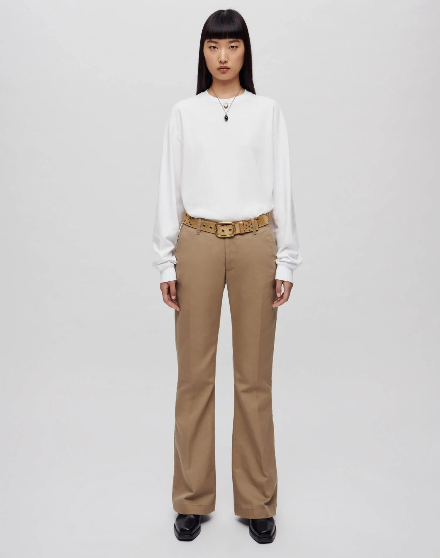 Khaki Flared Trousers with Mid Rise