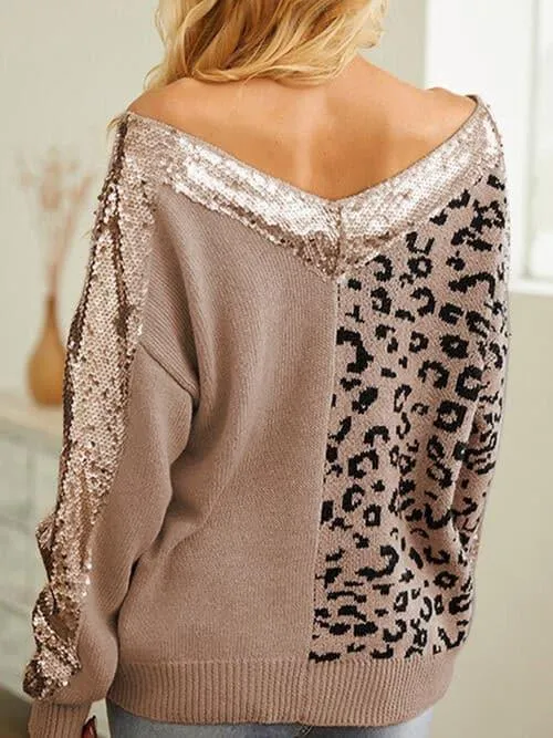 Leopard Sequin V-Neck Long Sleeve Sweater by Mia