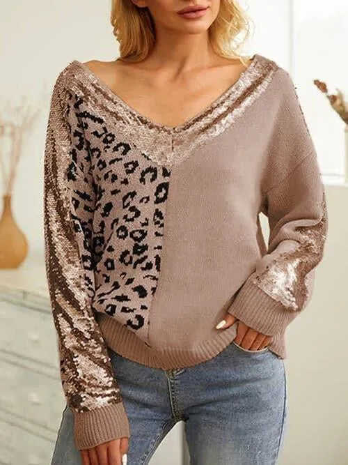 Leopard Sequin V-Neck Long Sleeve Sweater by Mia