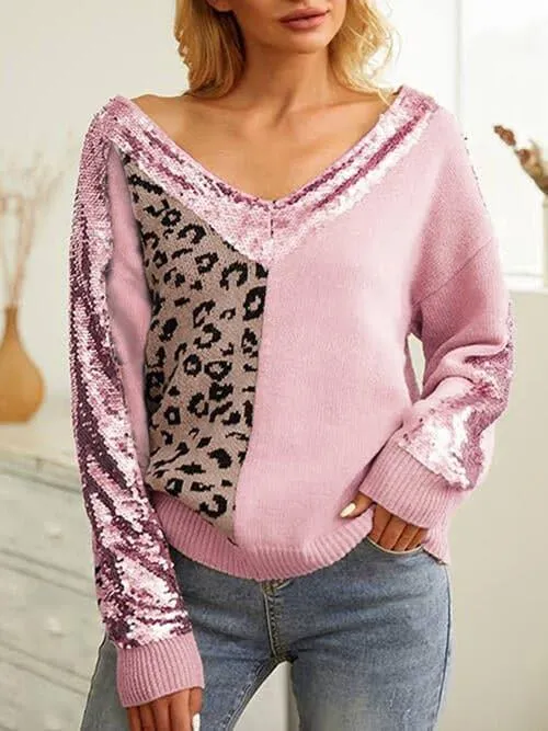 Leopard Sequin V-Neck Long Sleeve Sweater by Mia