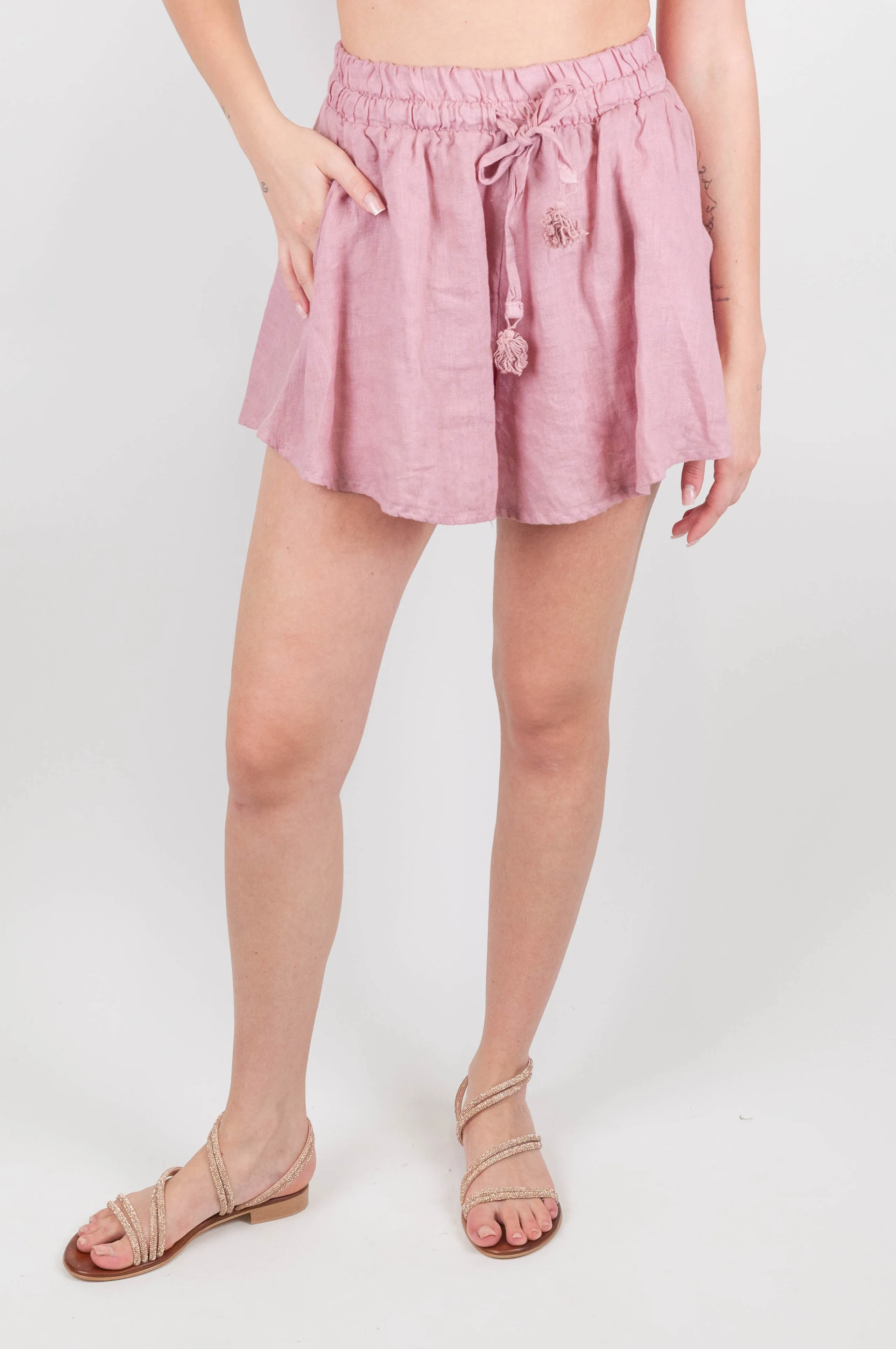 Linen Shorts with Drawstring Waistband and Elasticized Waist