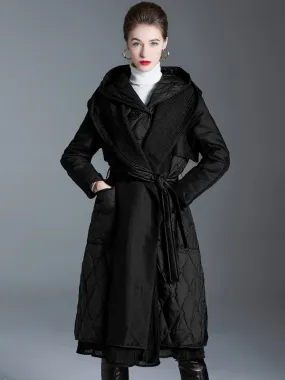 Long Black Winter Coat for Women with Hood, Belt, and Down Insulation