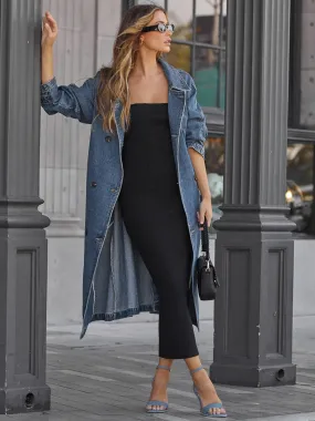 Long Denim Coat Double Breasted Belted Women's Outerwear.