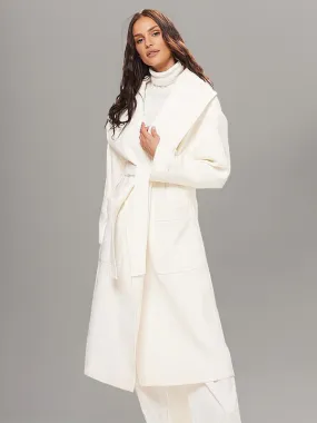 Long White Winter Coat with Lapel, Belt, and Oversized Fit