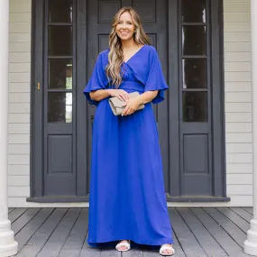 Maxi dress in royal blue for a great look.