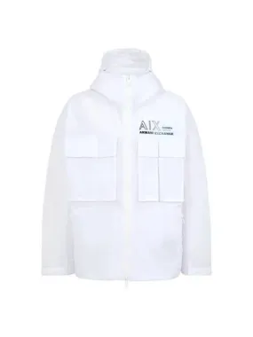 Men's White Nylon Hooded Jacket with Gradient Logo