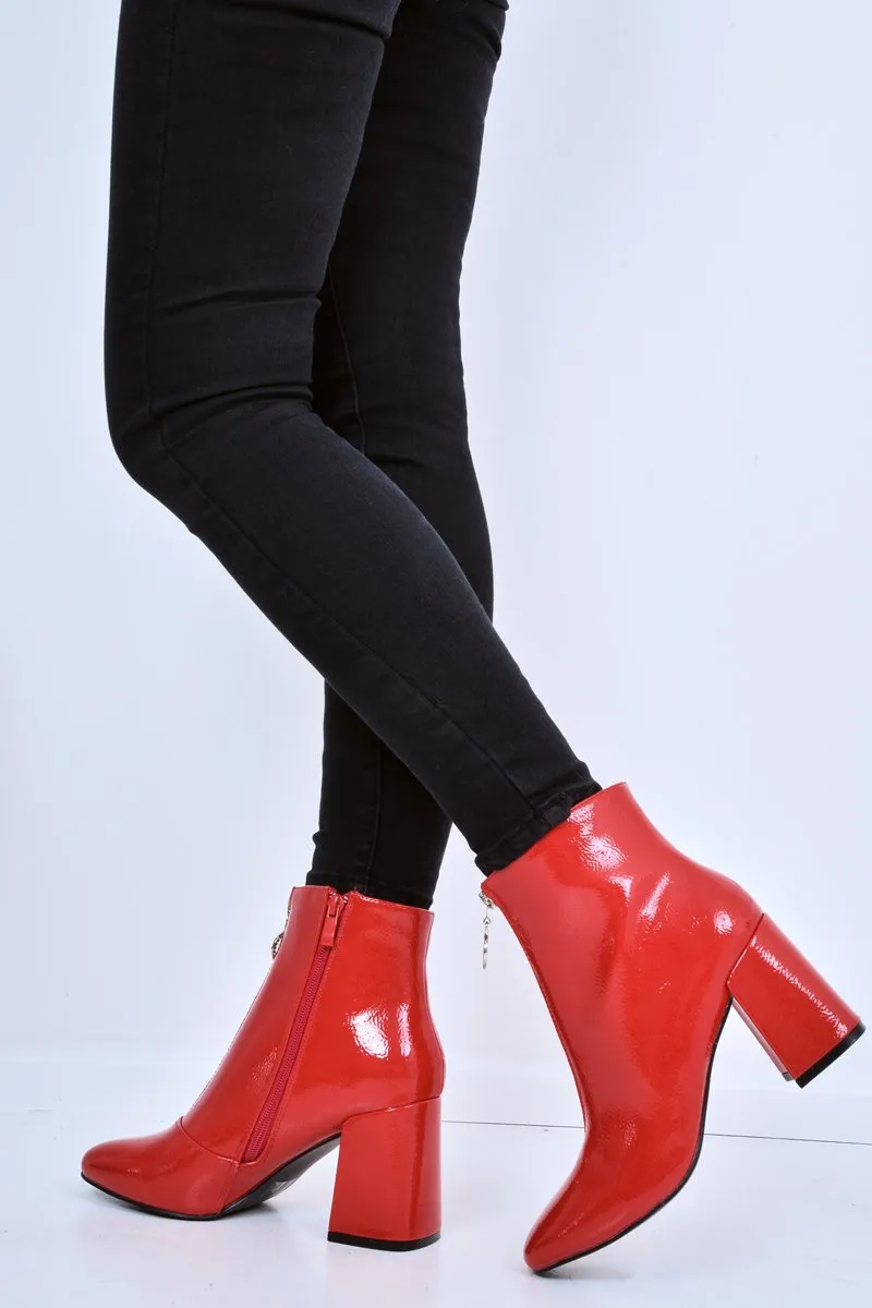 Mischa Red Patent Boots: Zip Front, Ring Pull, Block Heel