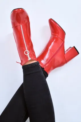 Mischa Red Patent Boots: Zip Front, Ring Pull, Block Heel