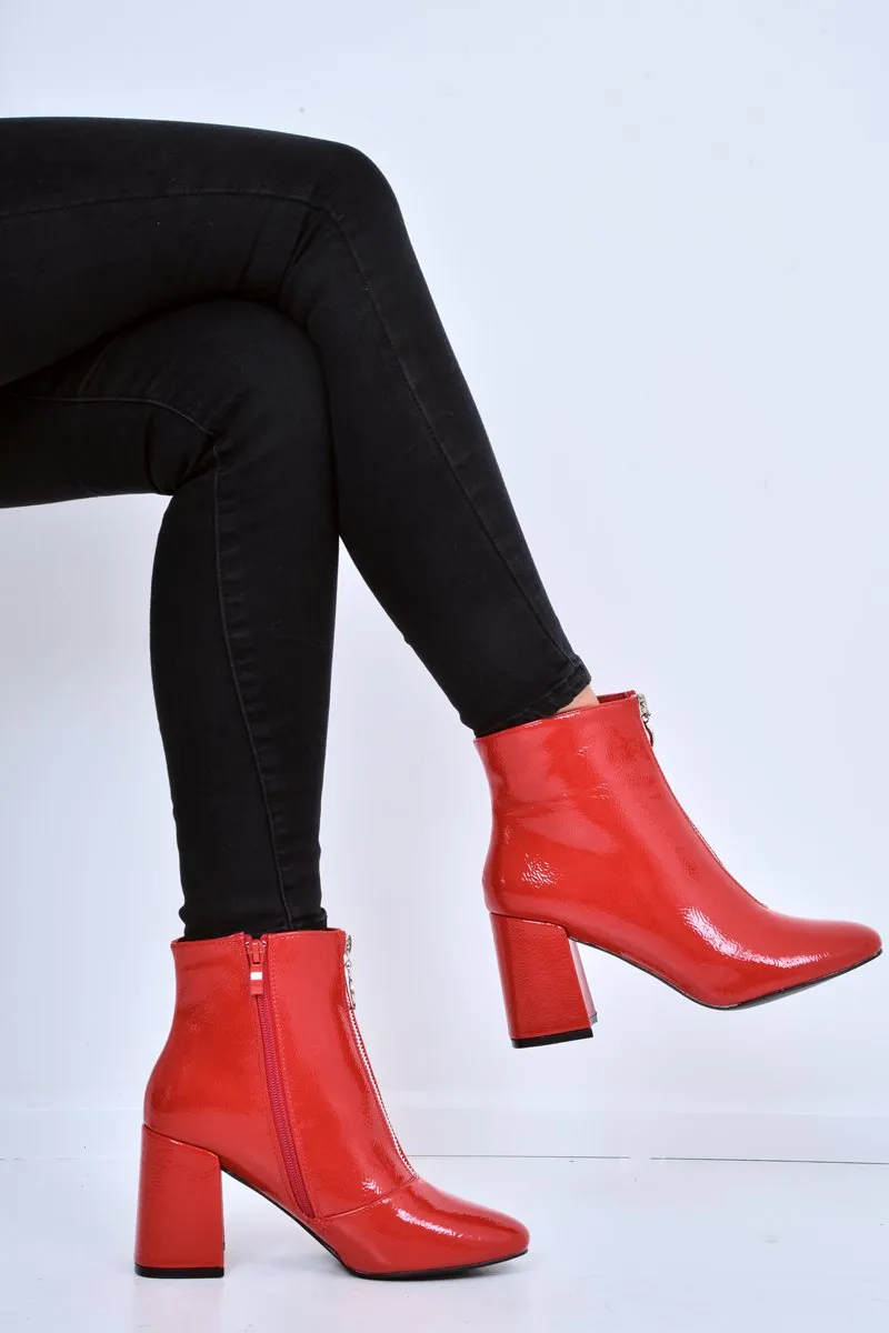 Mischa Red Patent Boots: Zip Front, Ring Pull, Block Heel