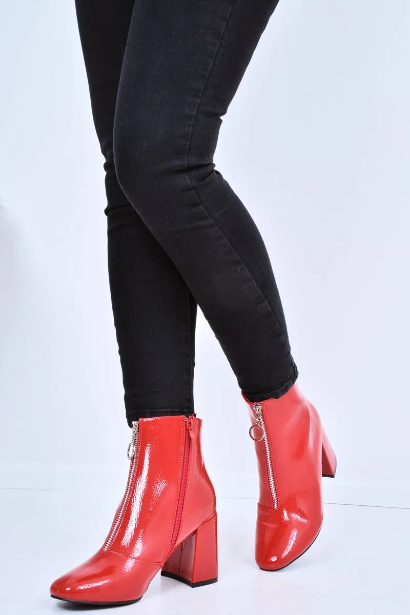 Mischa Red Patent Boots: Zip Front, Ring Pull, Block Heel