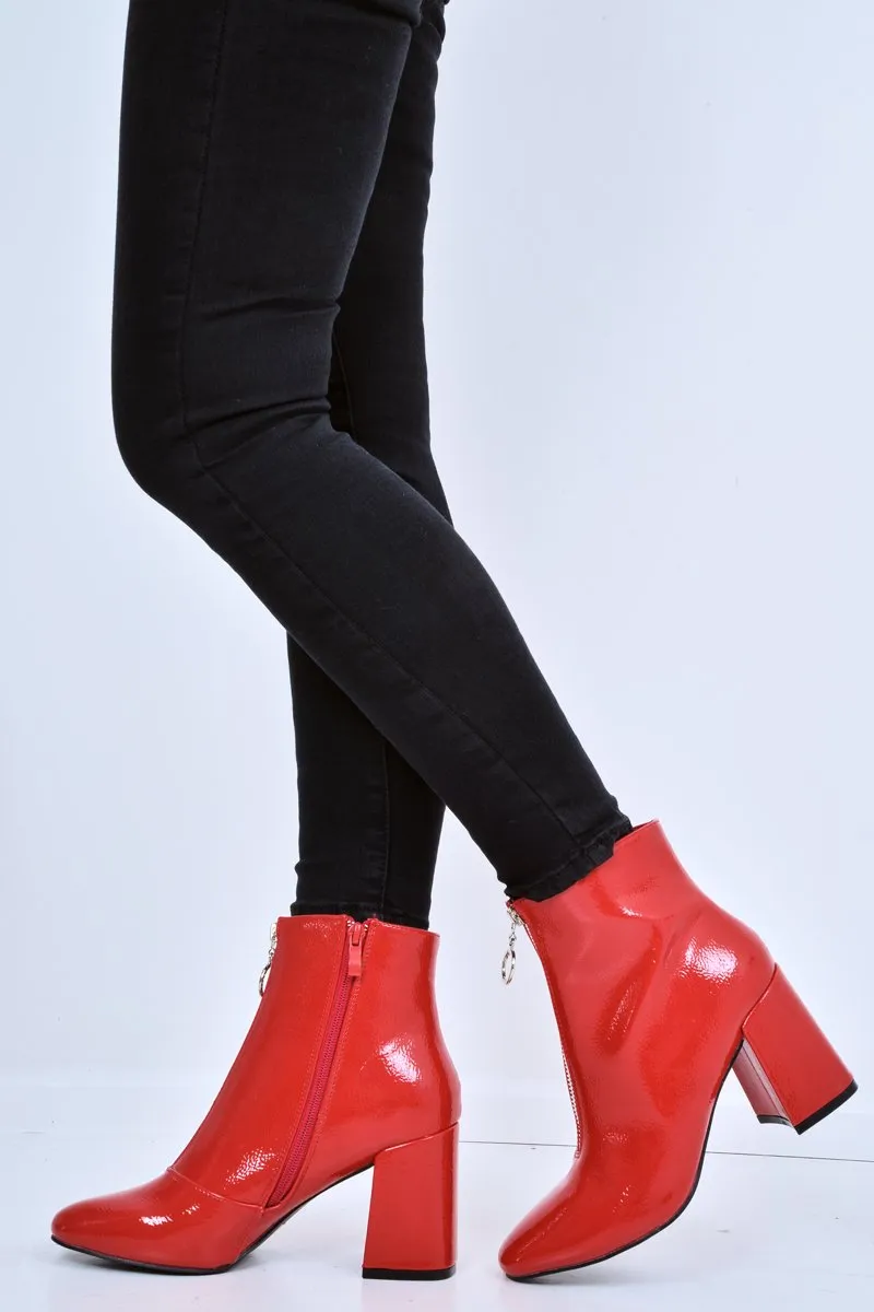 Mischa Red Patent Boots: Zip Front, Ring Pull, Block Heel