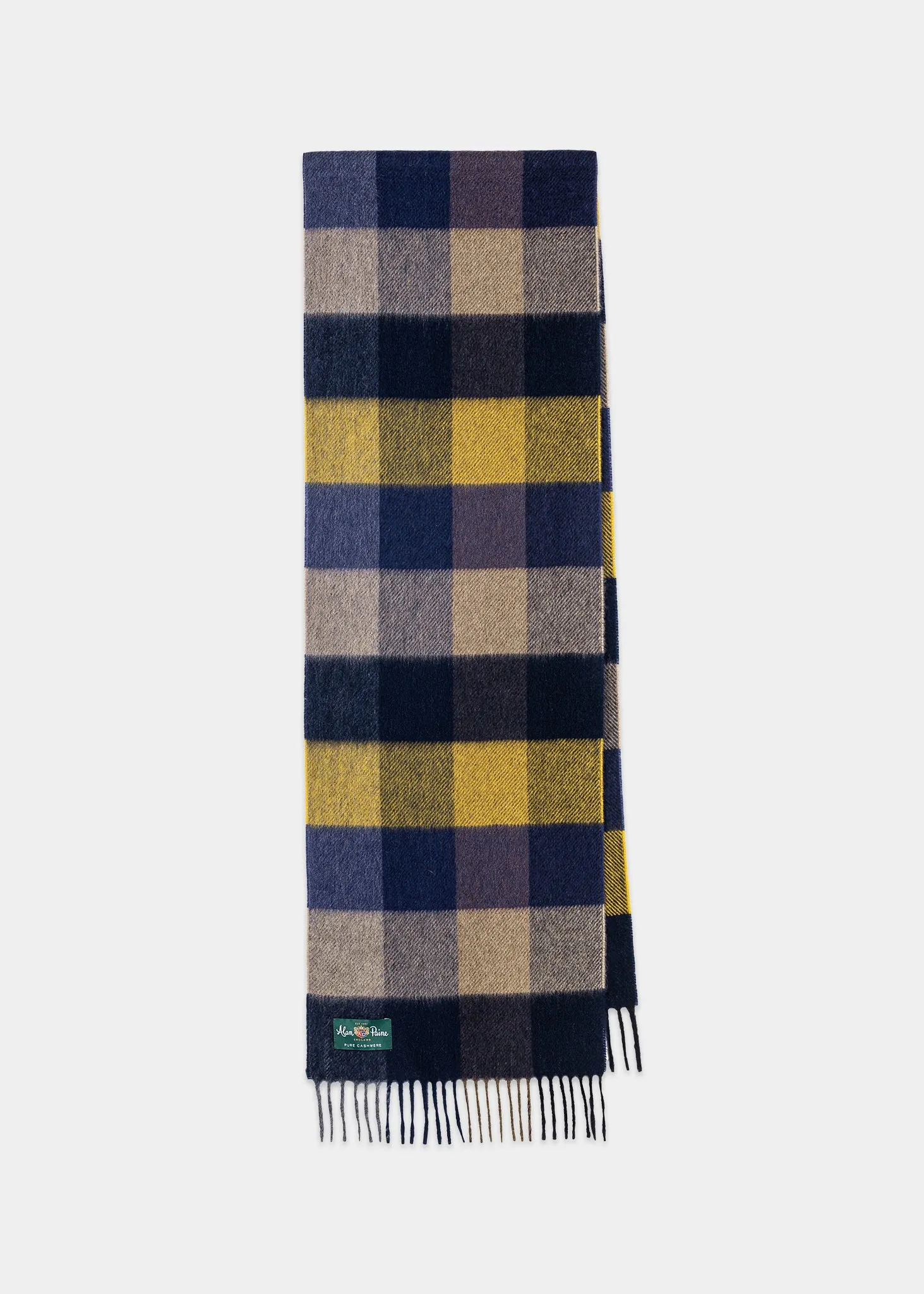 Mustard Men's Cashmere Scarf by Alan Paine UK | Canwick Cashmere Block Check Design