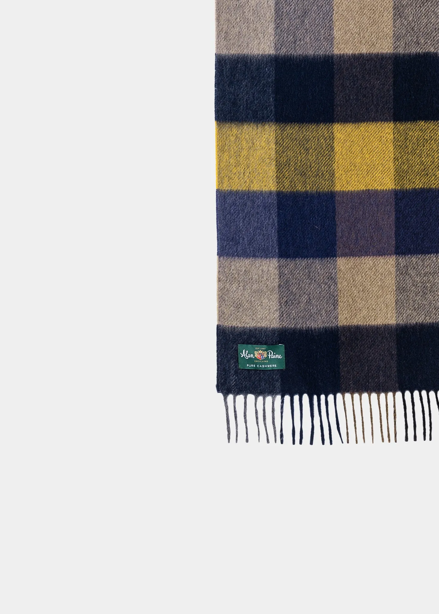 Mustard Men's Cashmere Scarf by Alan Paine UK | Canwick Cashmere Block Check Design