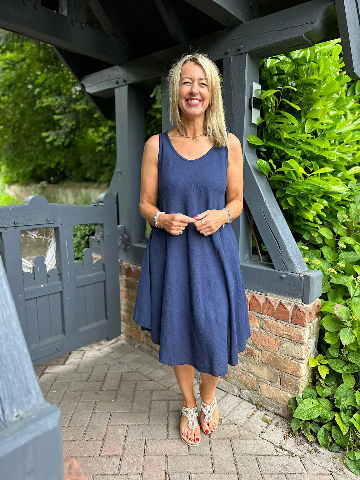 Navy Blue Cotton Dress with Scoop Neck - Joy Collection