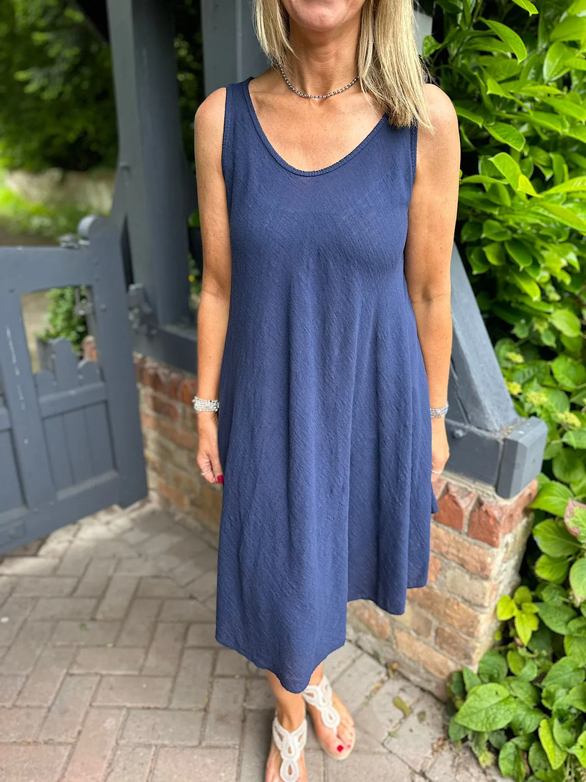 Navy Blue Cotton Dress with Scoop Neck - Joy Collection