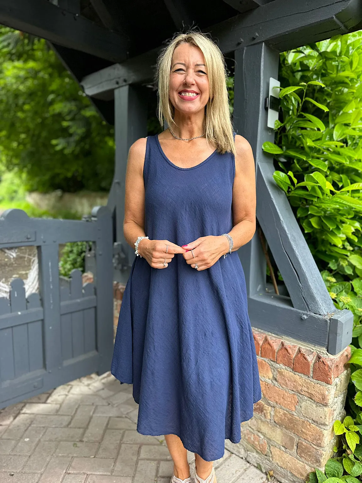 Navy Blue Cotton Dress with Scoop Neck - Joy Collection