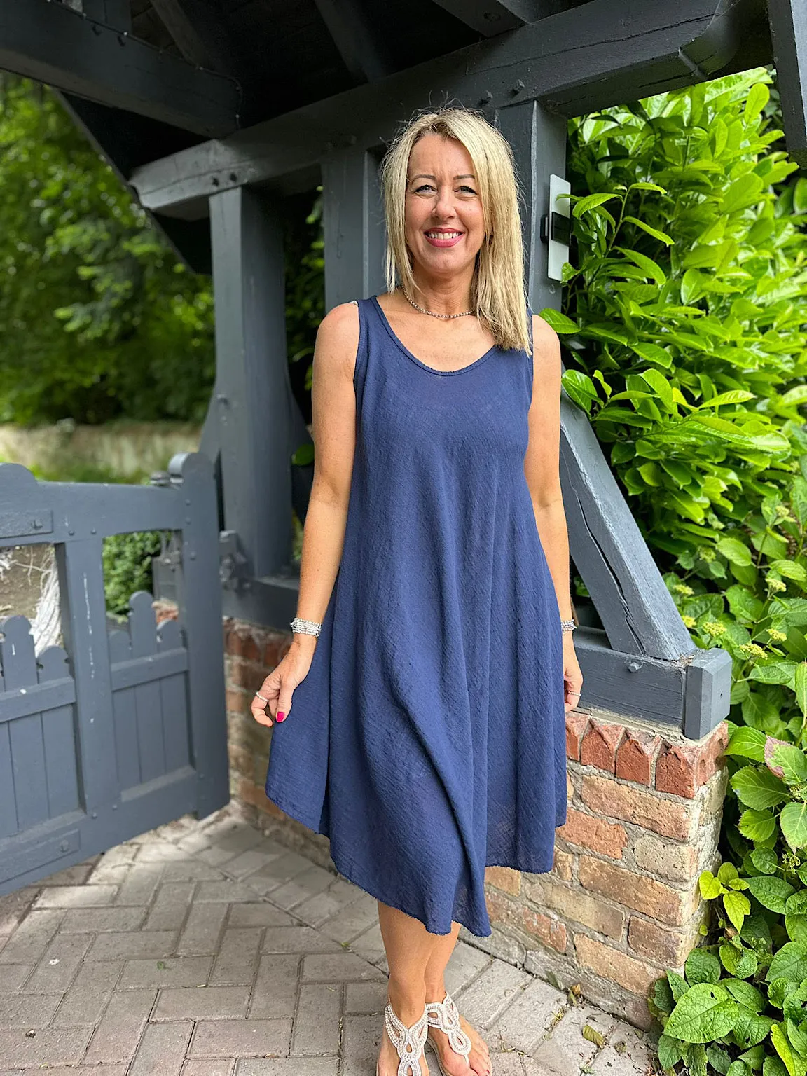 Navy Blue Cotton Dress with Scoop Neck - Joy Collection