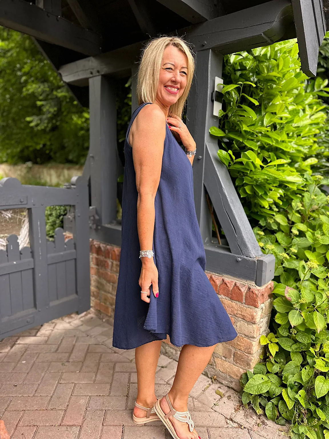 Navy Blue Cotton Dress with Scoop Neck - Joy Collection