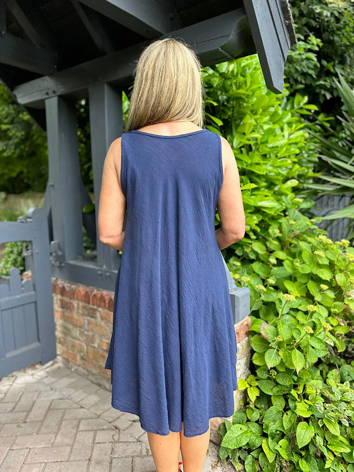 Navy Blue Cotton Dress with Scoop Neck - Joy Collection