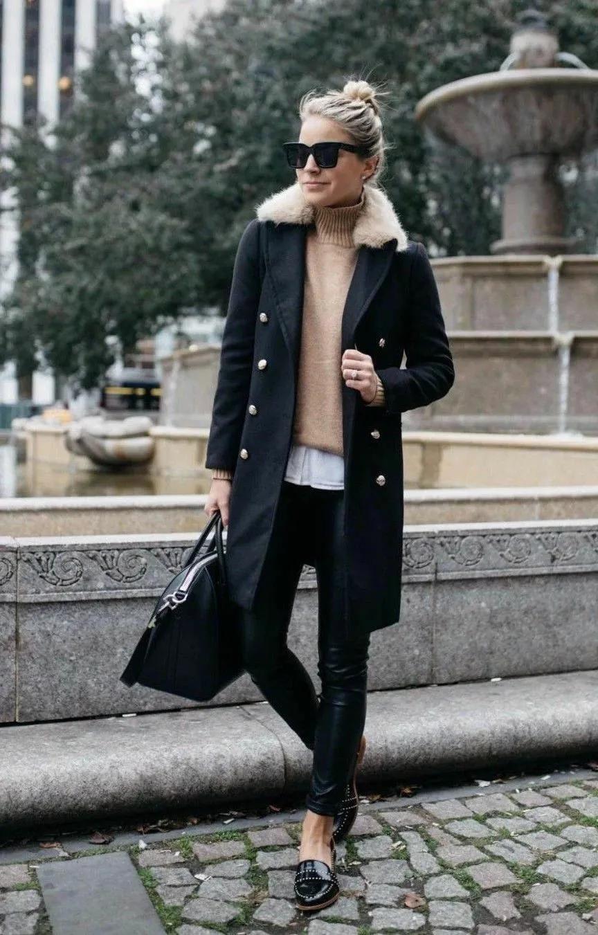 Navy Military Coat with Fur Collar