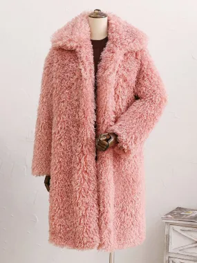 Oversized Pink Faux Fur Coat with Turndown Collar - Eco-friendly Full Length Coat