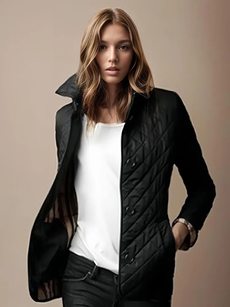 Padded Quilted Jacket with Turndown Collar for Spring Outerwear