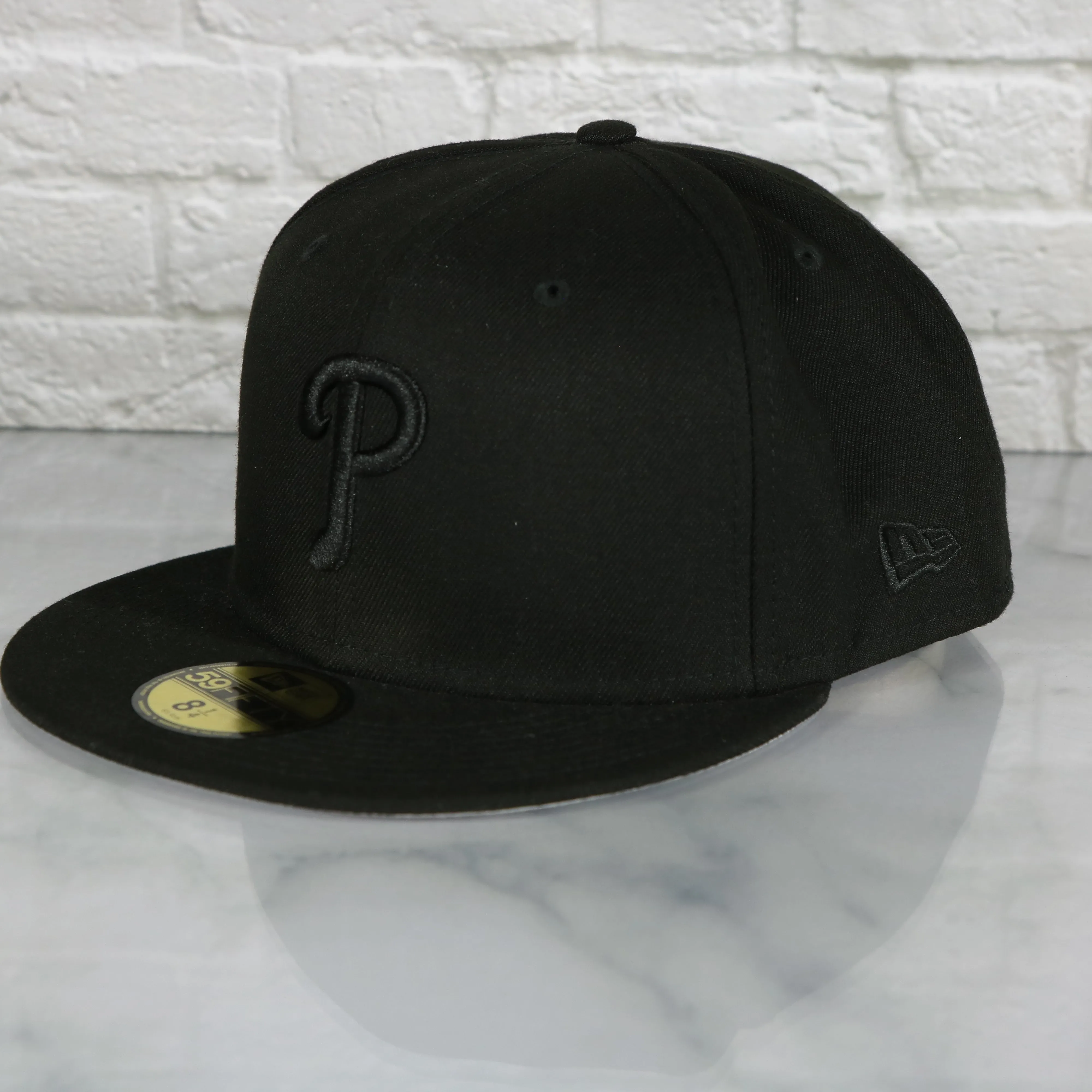 Philadelphia Phillies Black Fitted Cap | Phillies New Era 59fifty | Black on Black Cap Grey Underbrim