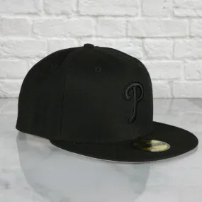 Philadelphia Phillies Black Fitted Cap | Phillies New Era 59fifty | Black on Black Cap Grey Underbrim