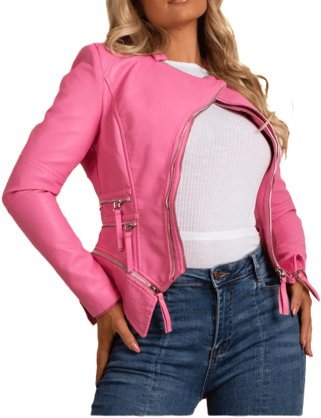 Double Zip Pink PU Biker Jacket