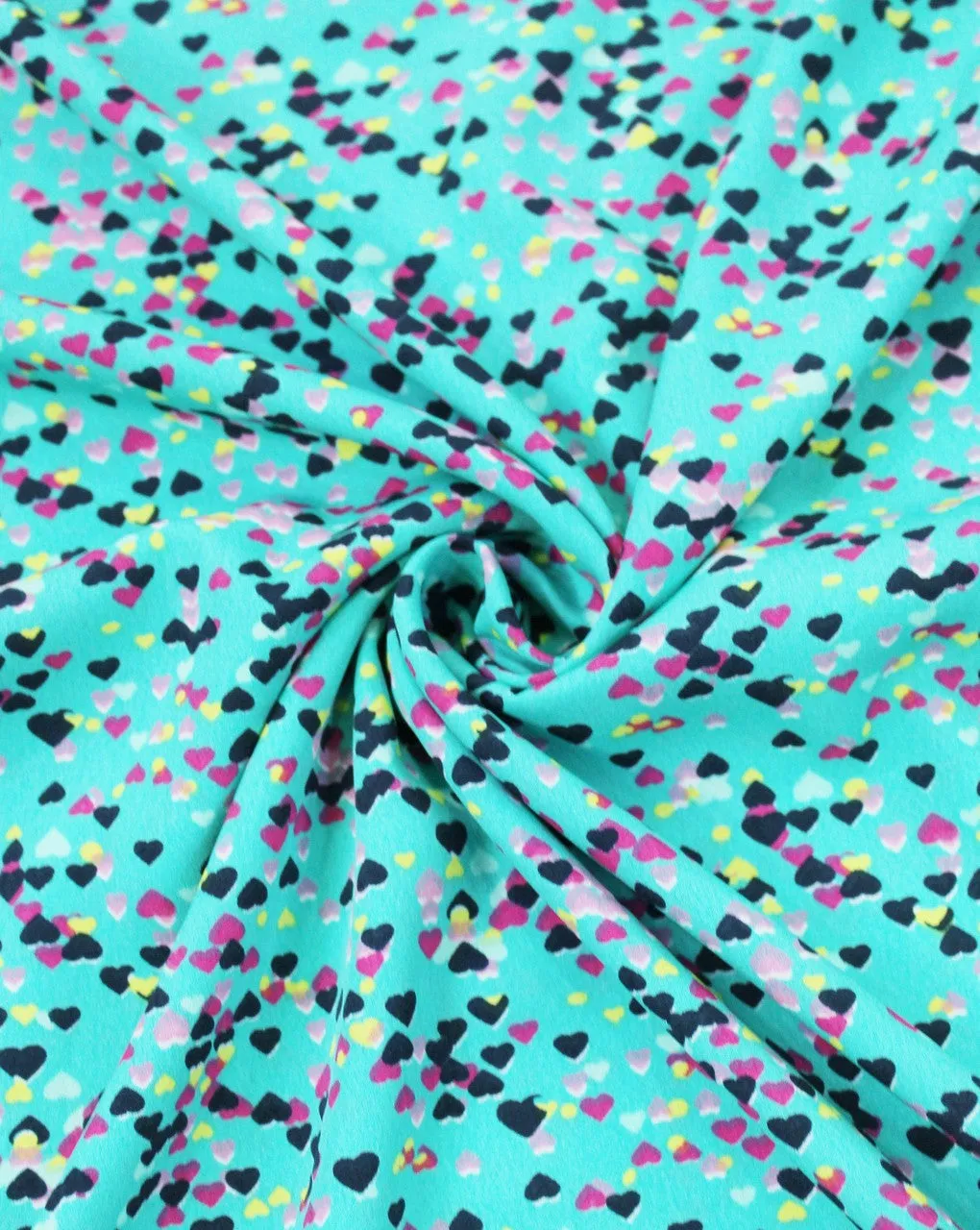 Polyester Heart Print Crepe Fabric in Green and Multicolor