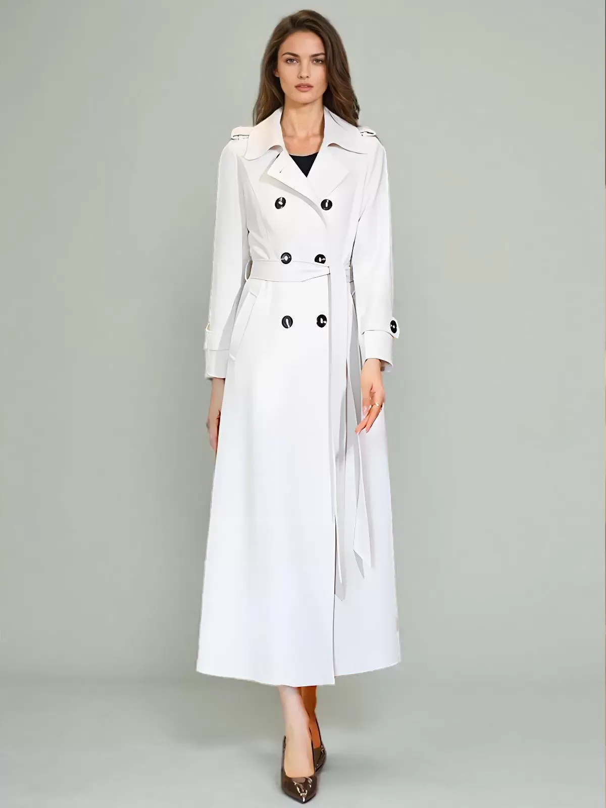 Quality Women's Trench Coat with Sash, Turndown Collar, Long Sleeves, and Full Length