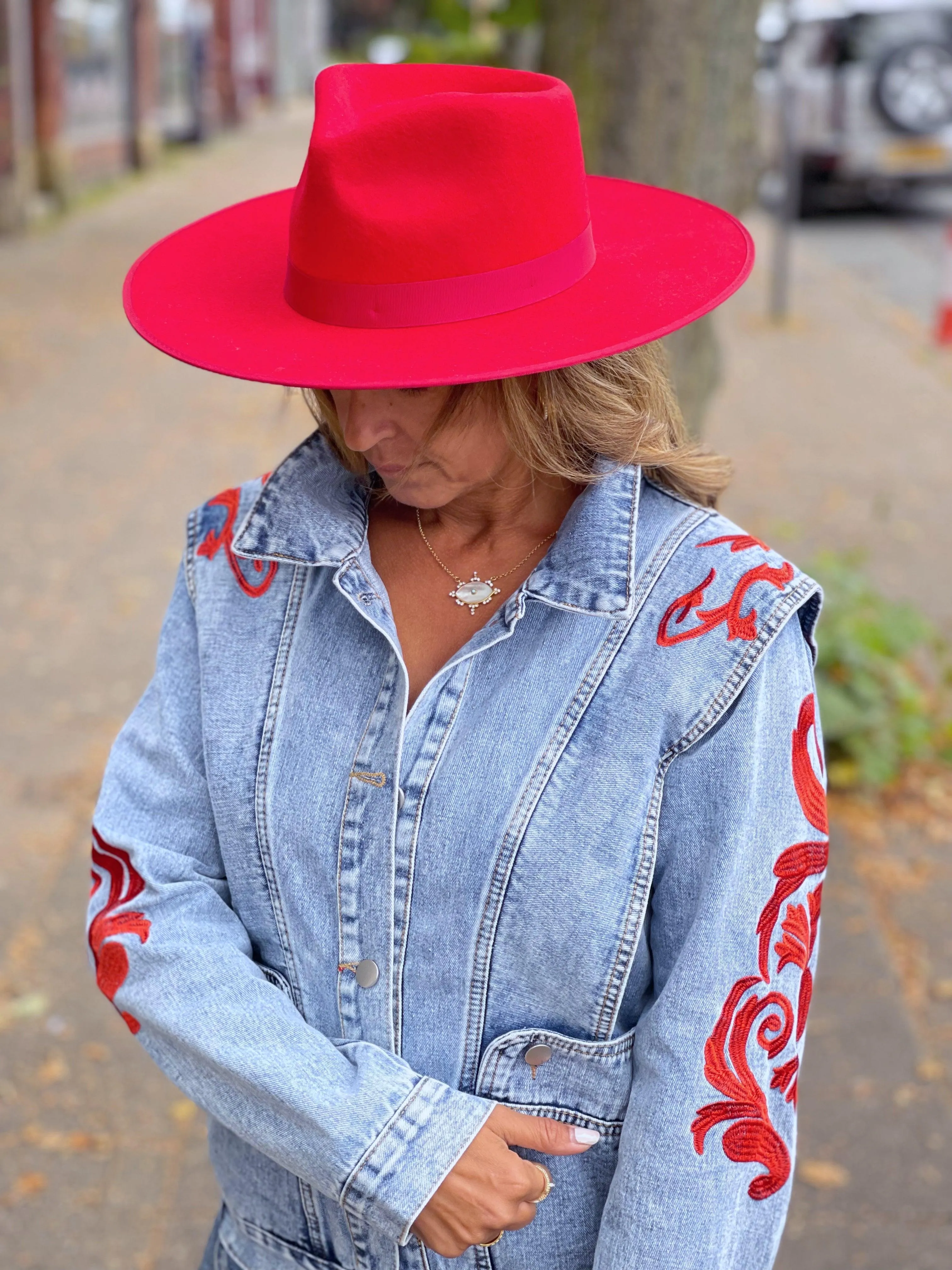 Red Denim Jacket with Power Sleeve by Red Stitch