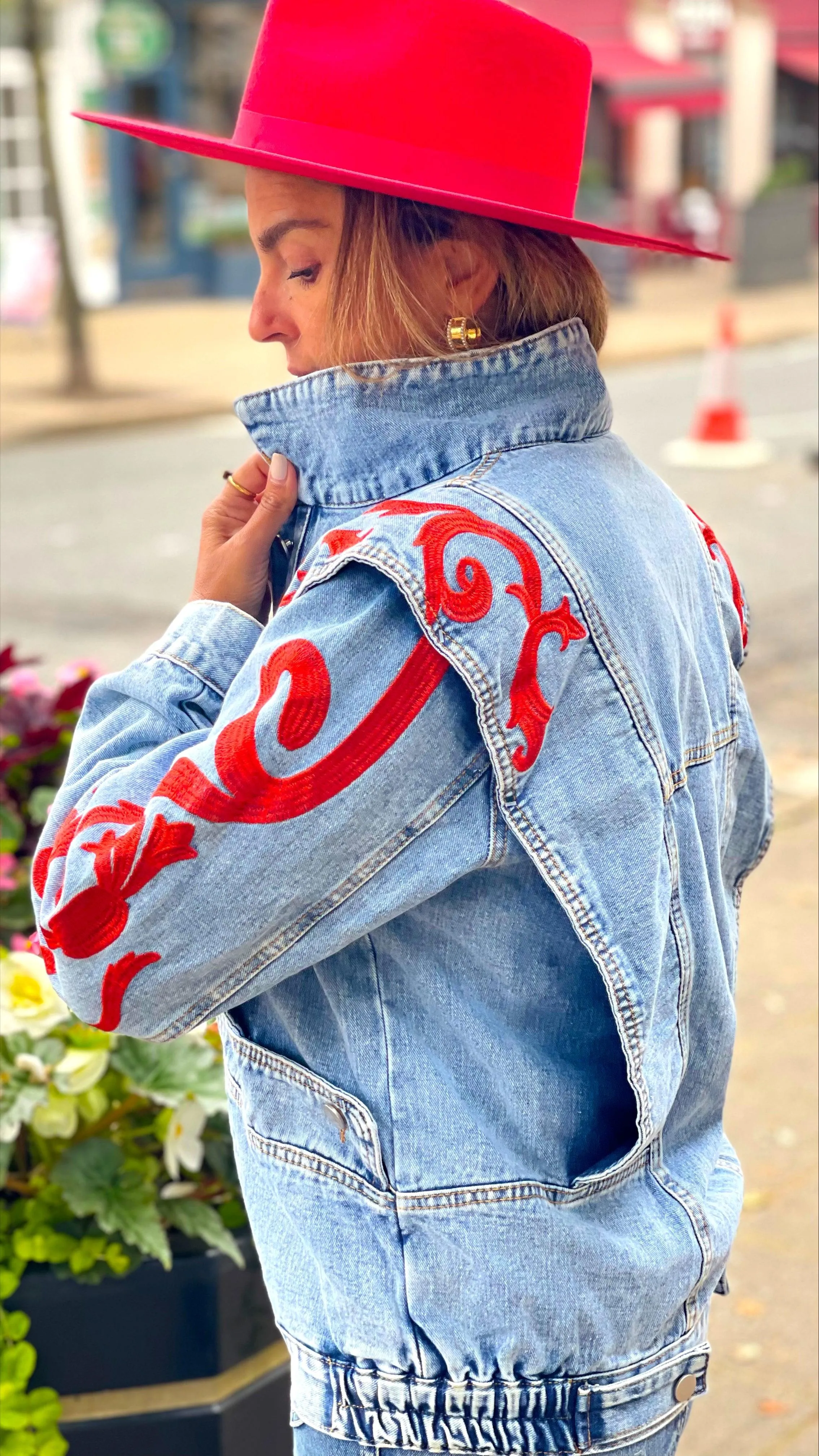 Red Denim Jacket with Power Sleeve by Red Stitch