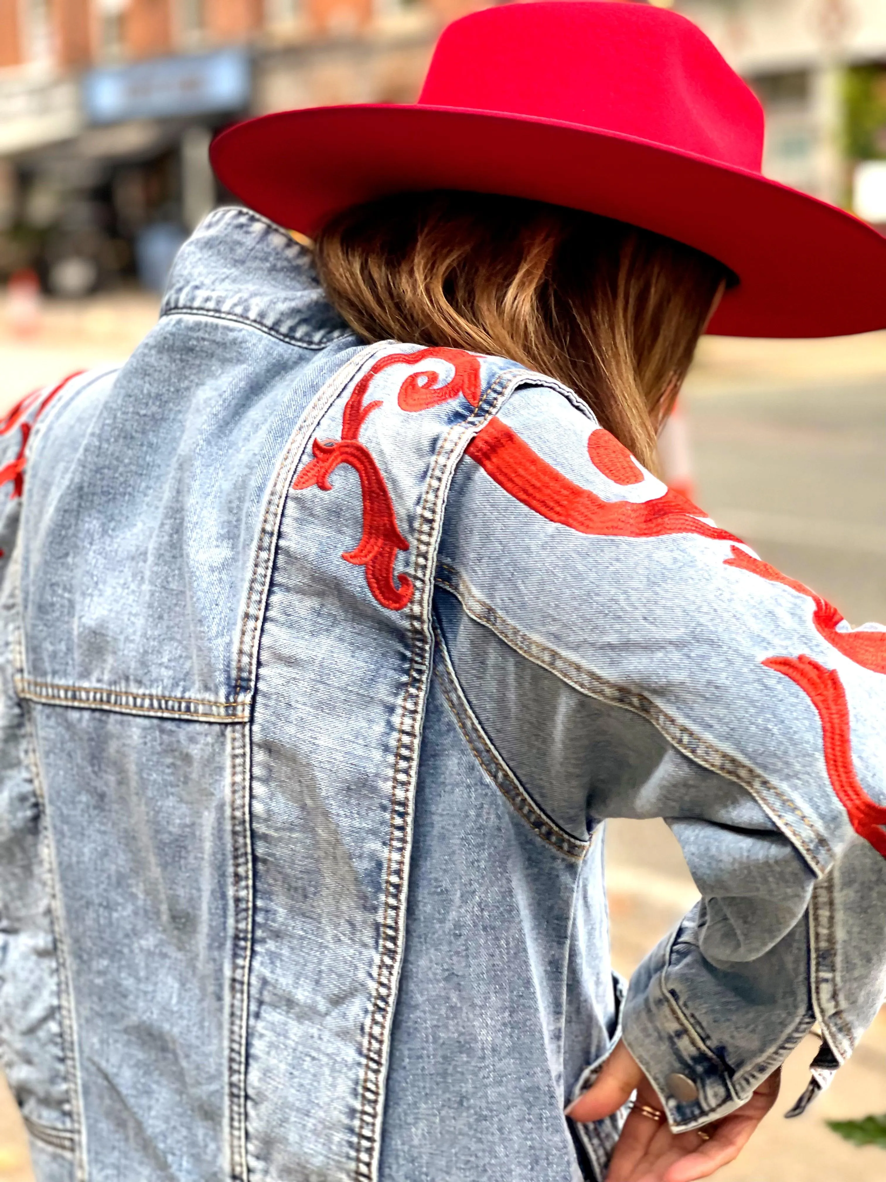 Red Denim Jacket with Power Sleeve by Red Stitch