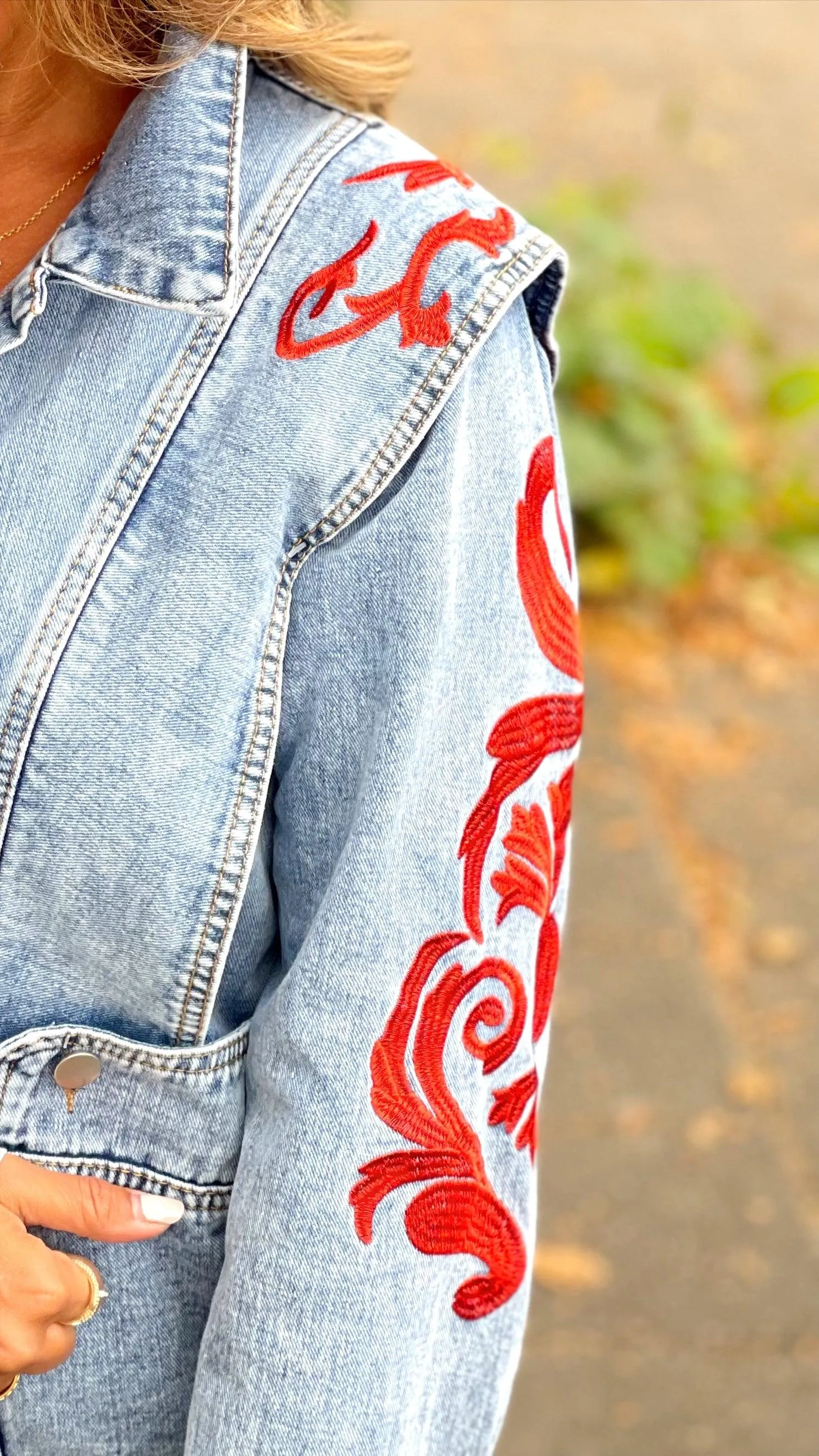 Red Denim Jacket with Power Sleeve by Red Stitch