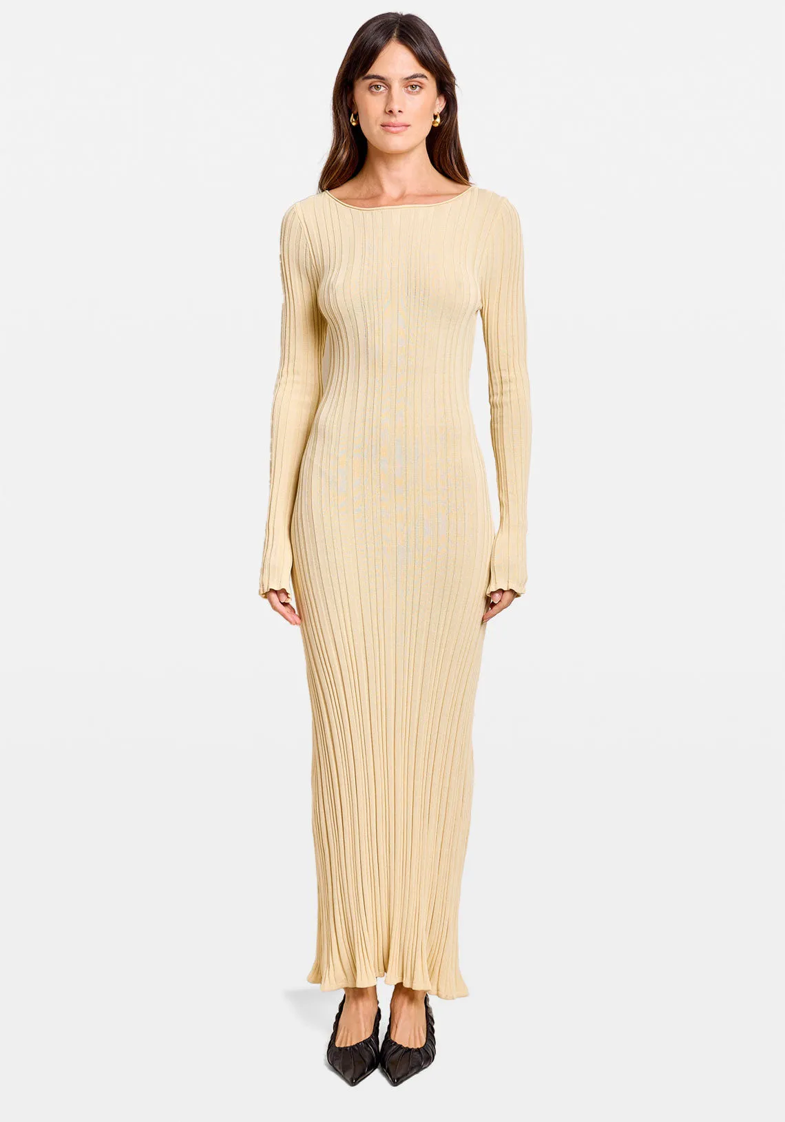 Ribbed Knit Long Sleeve Midi Dress - Butter