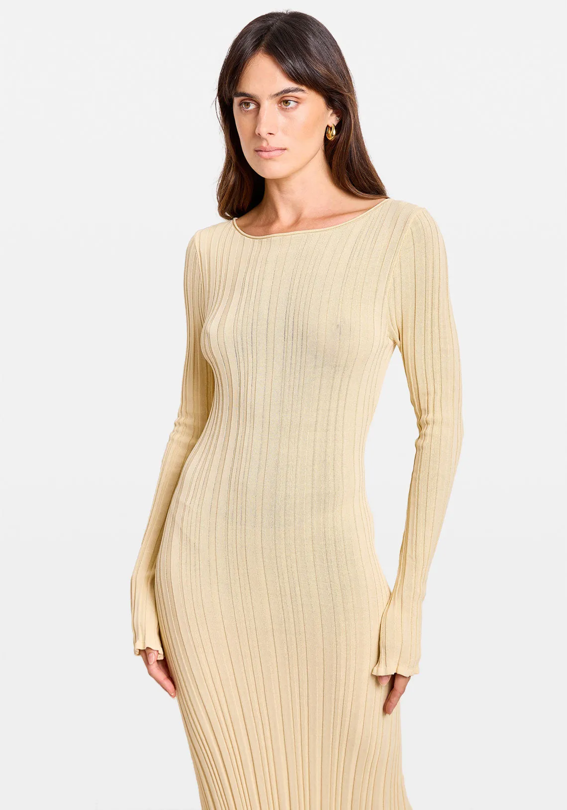 Ribbed Knit Long Sleeve Midi Dress - Butter