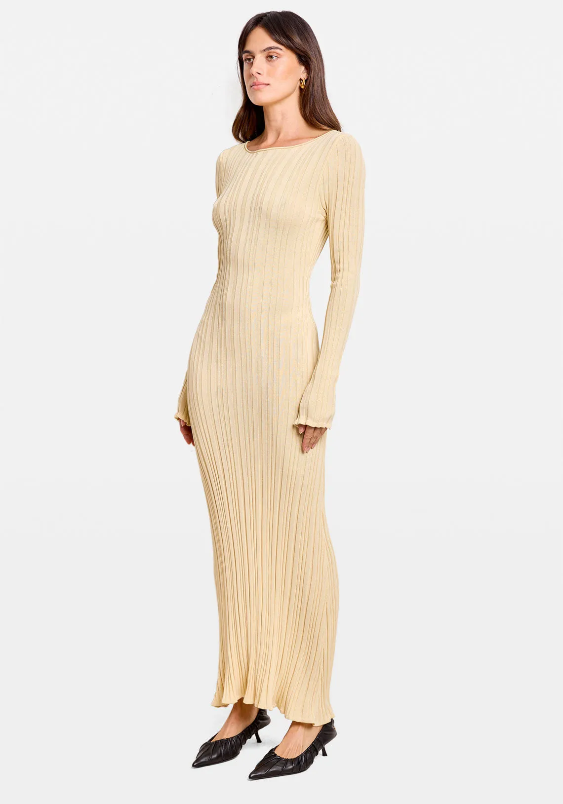 Ribbed Knit Long Sleeve Midi Dress - Butter