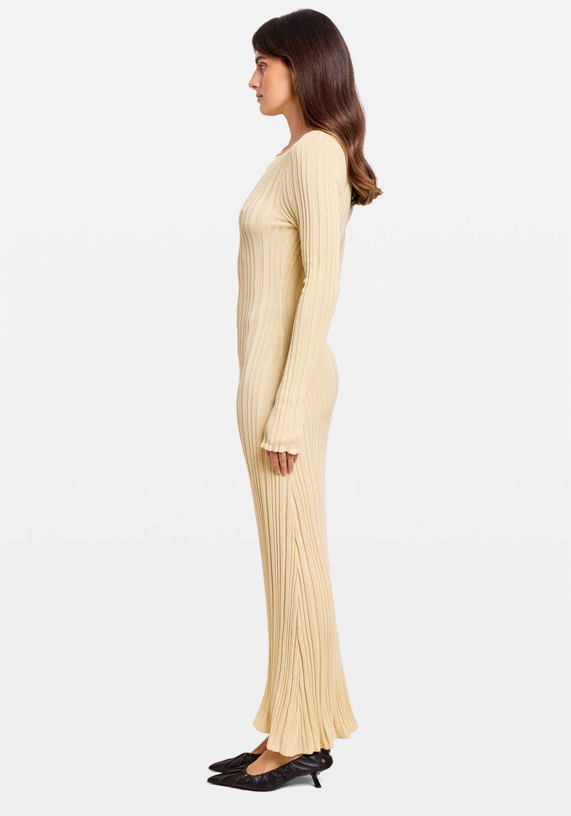 Ribbed Knit Long Sleeve Midi Dress - Butter