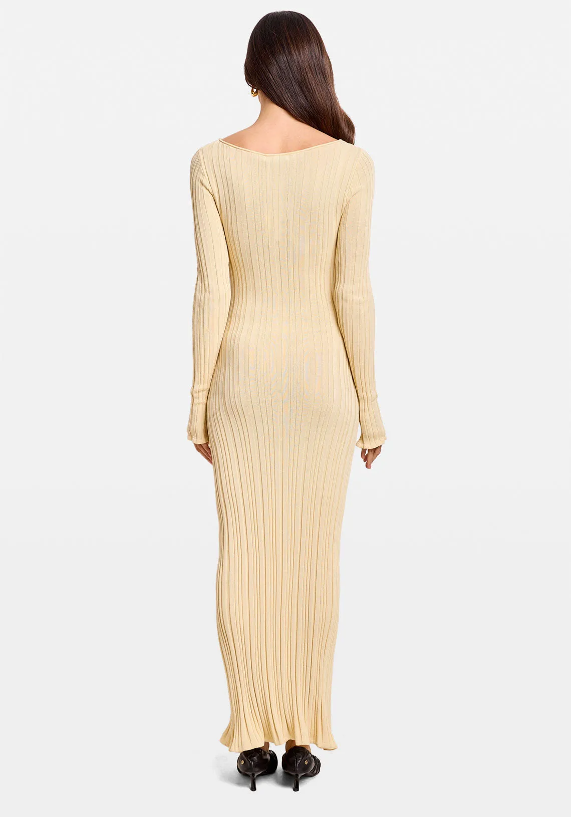 Ribbed Knit Long Sleeve Midi Dress - Butter