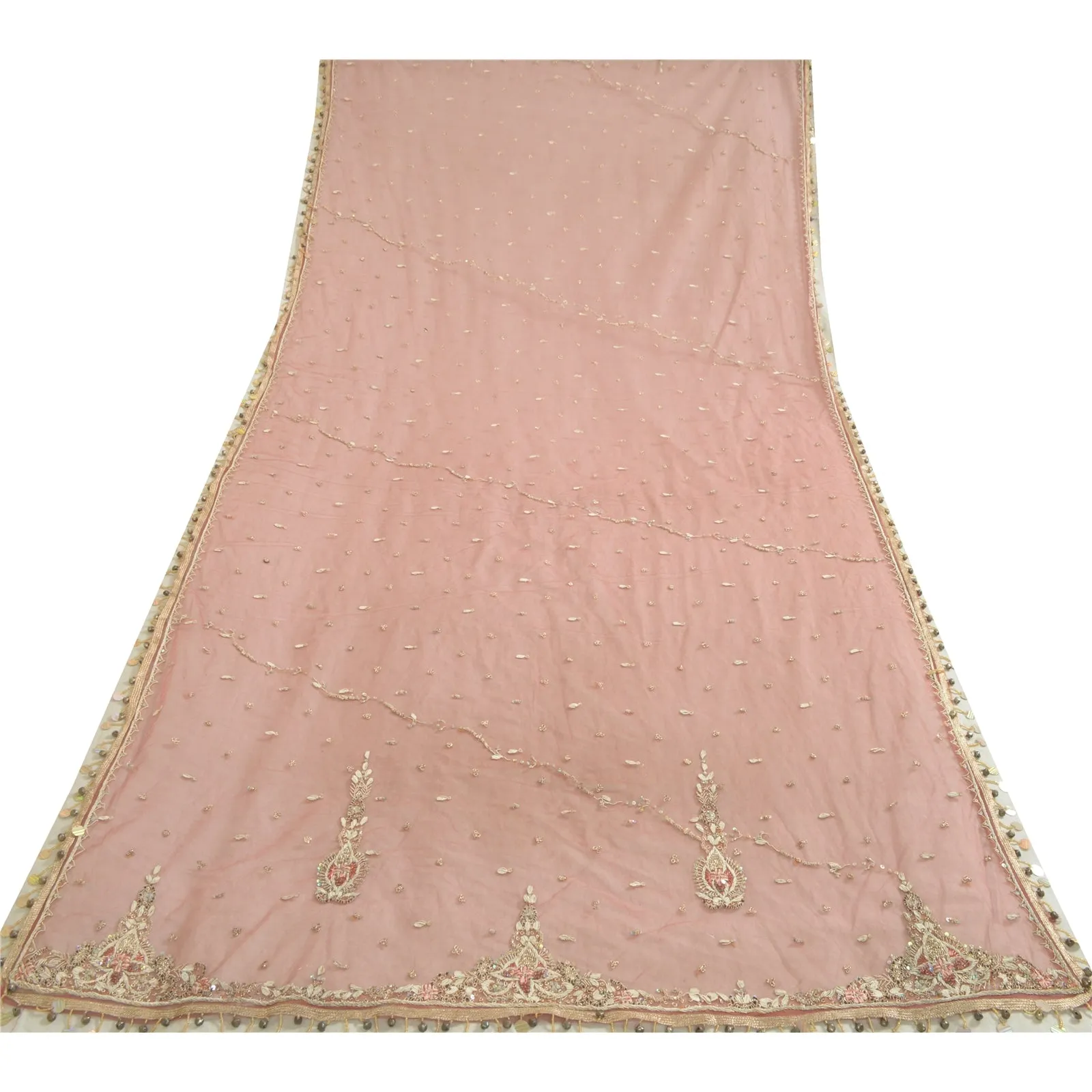 Salmon Long Dupatta Stole with Net Mesh Veil and Hand Beaded Scarves