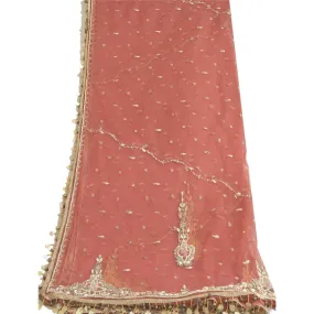 Salmon Long Dupatta Stole with Net Mesh Veil and Hand Beaded Scarves