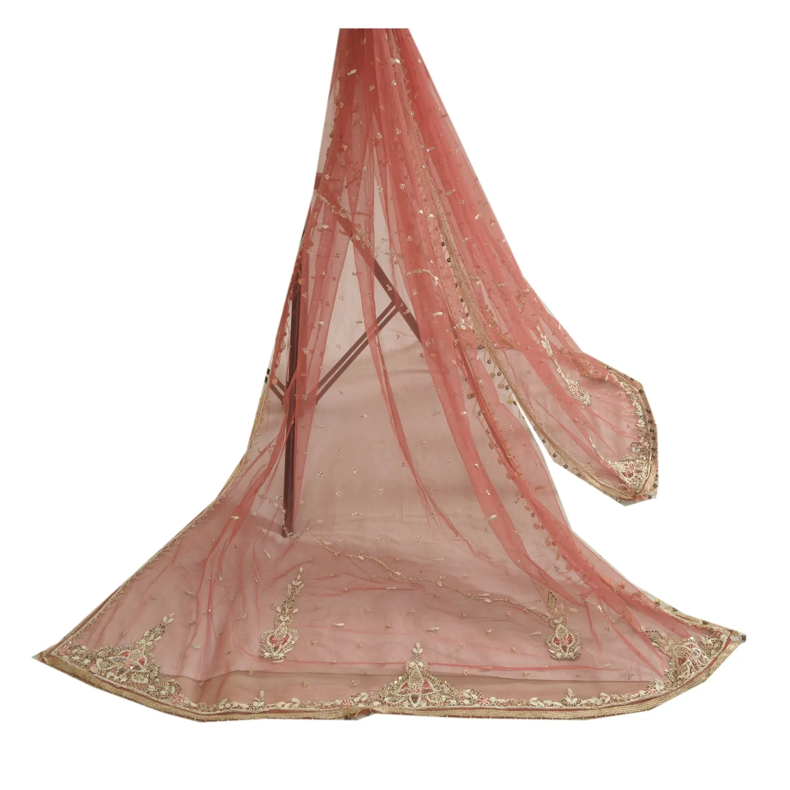 Salmon Long Dupatta Stole with Net Mesh Veil and Hand Beaded Scarves