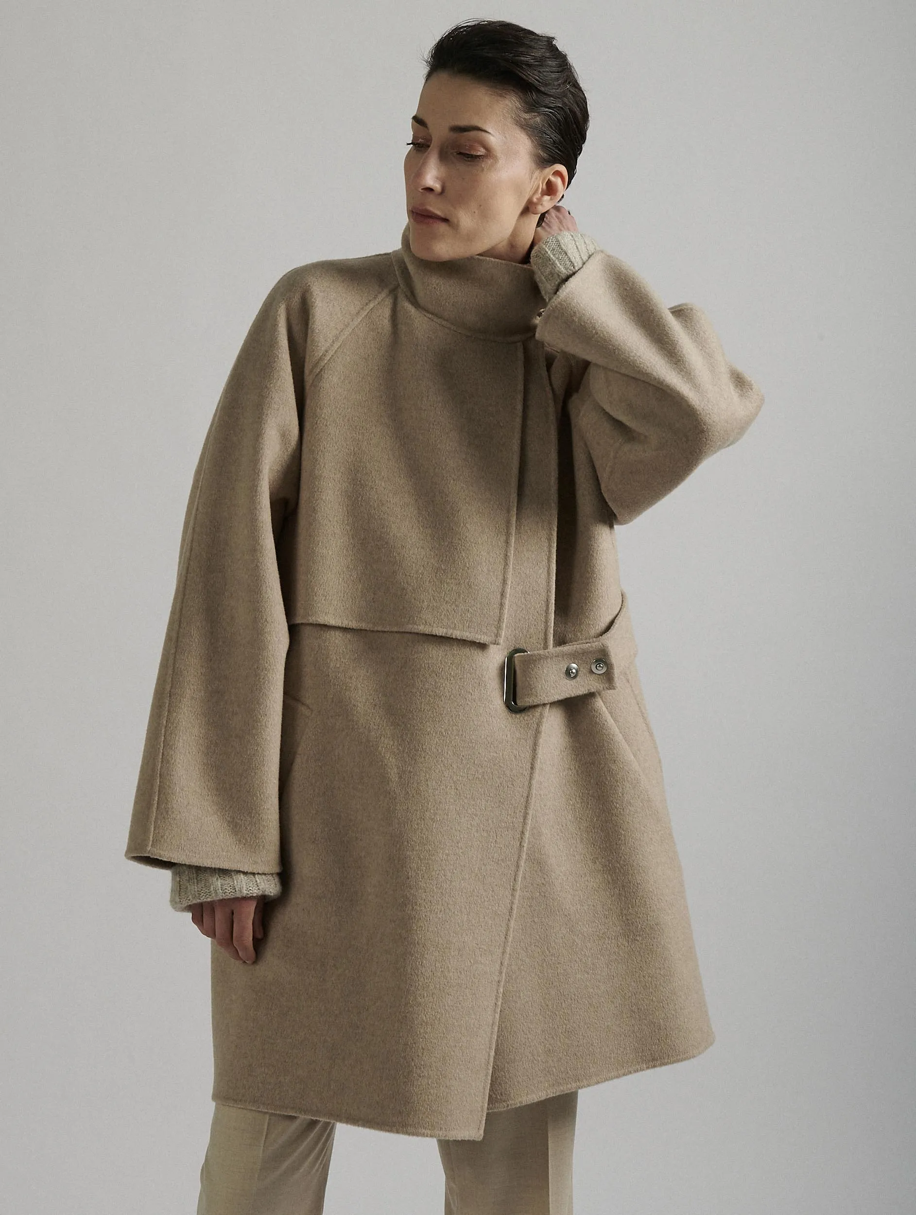 Sand High-Collar Coat Double-Faced Wool