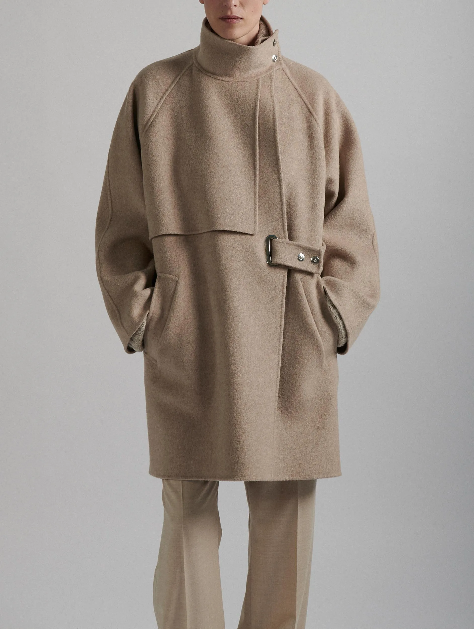 Sand High-Collar Coat Double-Faced Wool