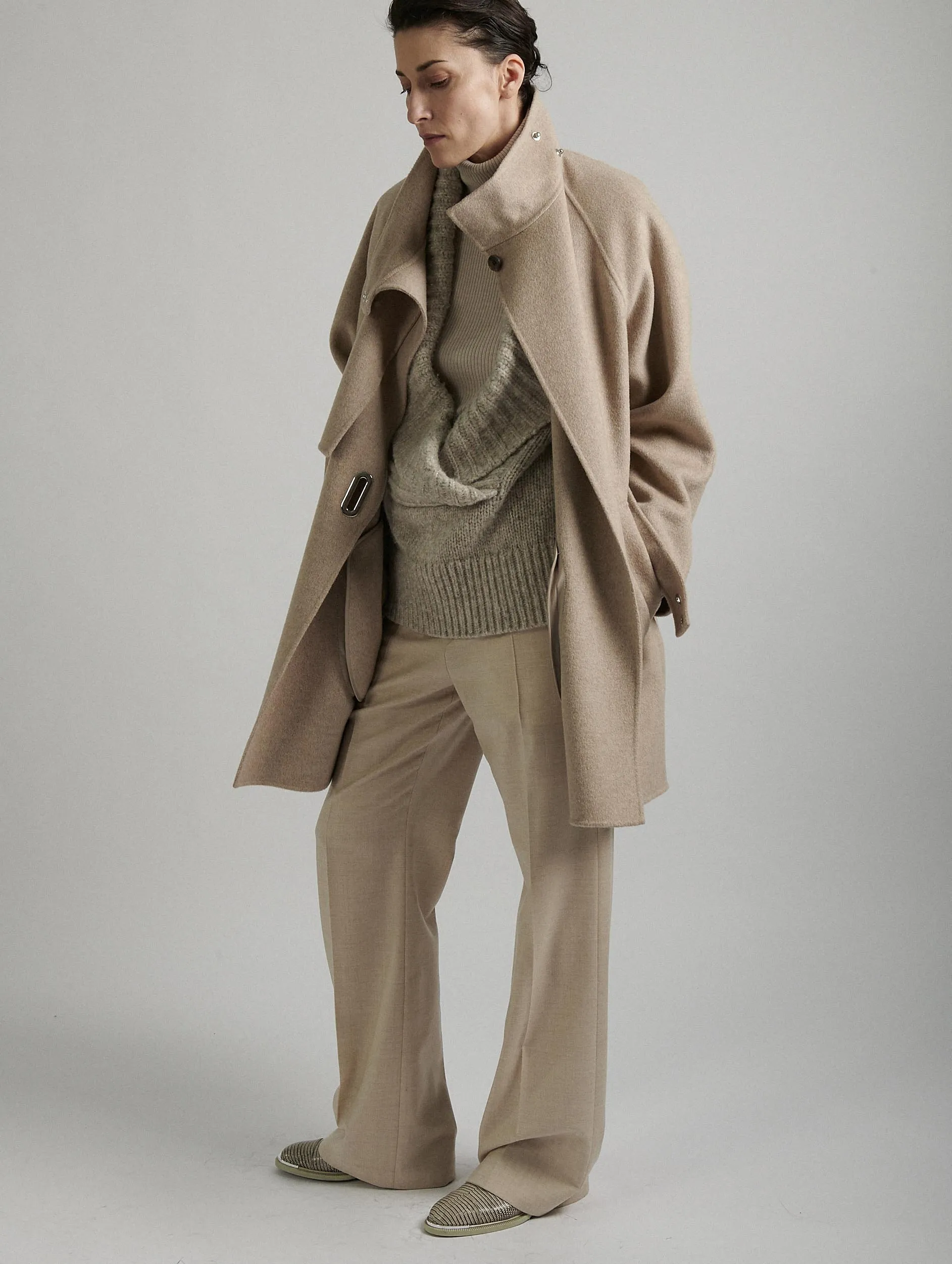 Sand High-Collar Coat Double-Faced Wool